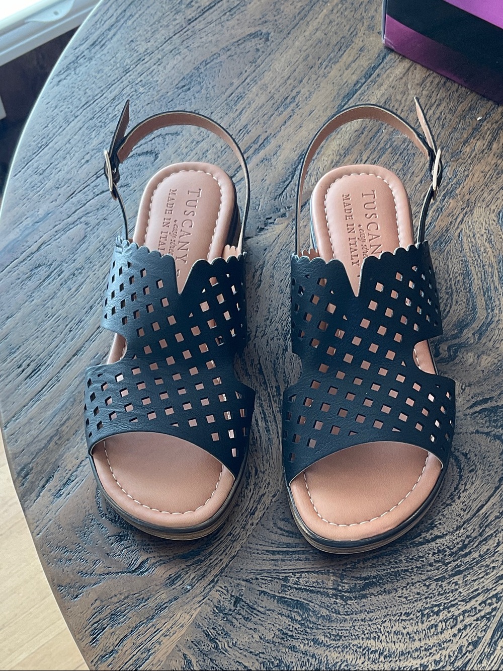 Tuscany by easy street Black Laser-Cut Slingback Sandals with Tan Insole